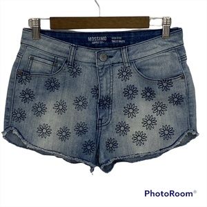 Mossimo High Rise Raw Hem Denim Shortie Shorts Floral Embroidered Junior Size 9
